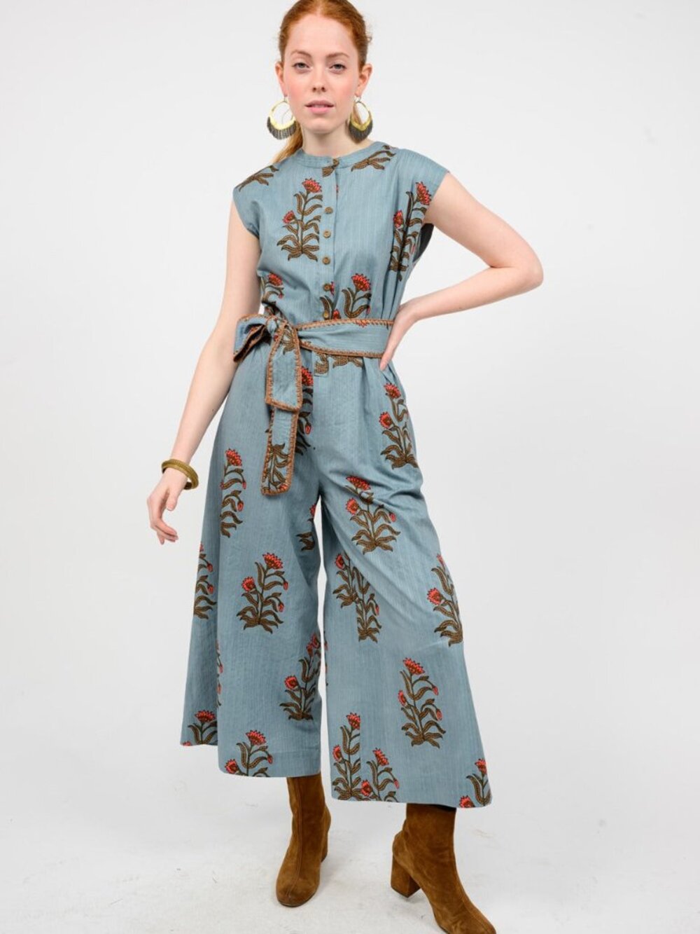 Uncle Frank by Ivy Jane Blue Floral Button-Front Tie Waist Barrel Leg Jumpsuit